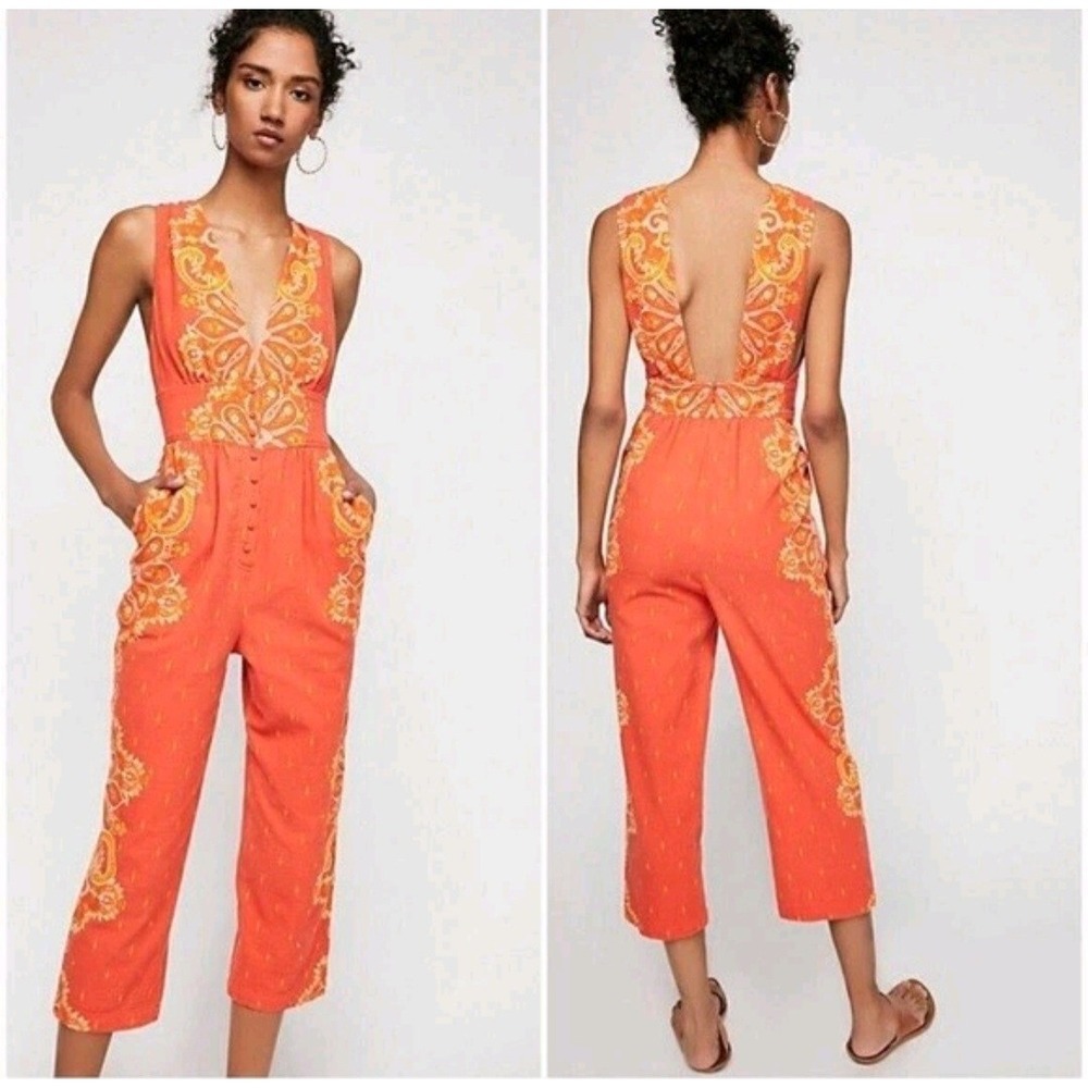 Free People Sun Paisley Boho Jumpsuit Orange Cotton V-Neck Open Back XS Hippie